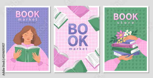 Set of banner for bookstore, library, sale in bookshop, market. Girl reading a book. Spring summer floral background. Vector illustration for poster, cover, marketing, sale.