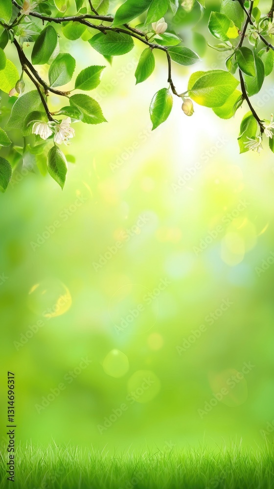 Spring blossoms frame sunny green background; nature scene, ideal for greeting cards