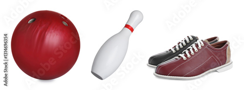 Konstfotografi Bowling shoes, pin and ball isolated on white, set