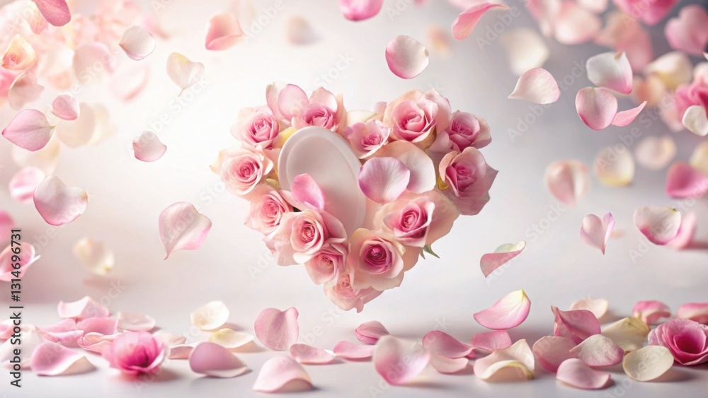 Obraz premium Delicate Heart Shape Made of Pink Roses and Petals on Soft Background