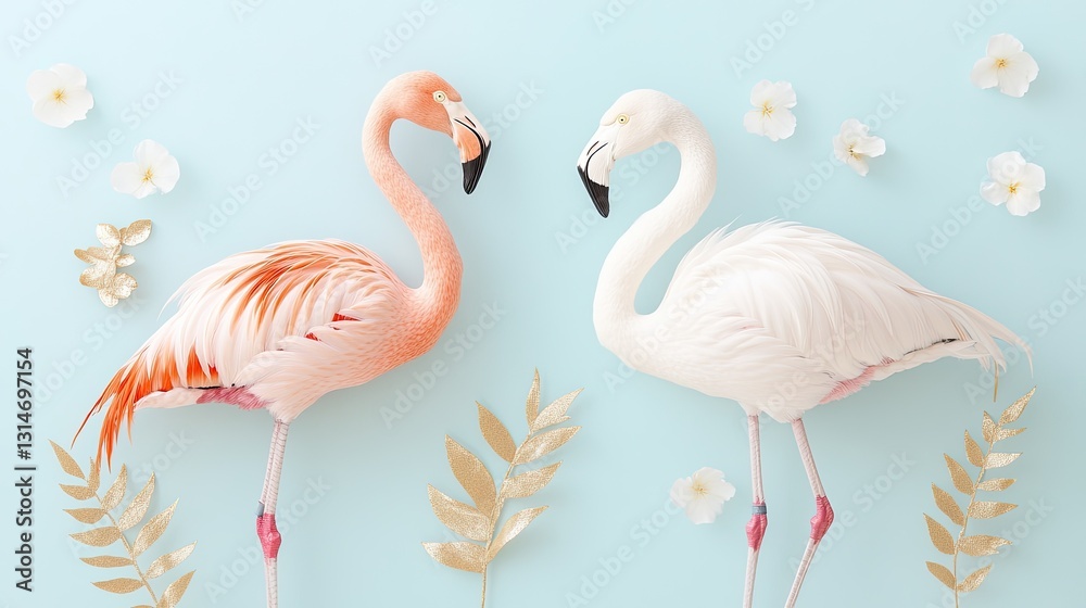 Obraz premium Colorful flamingos stand gracefully against soft blue background