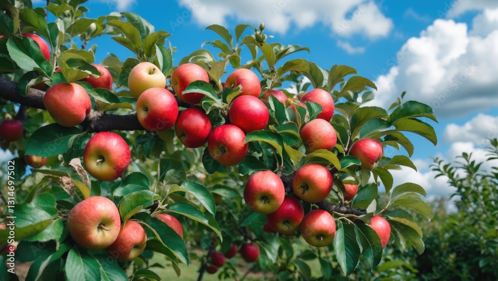 Fototapeta premium Red ripe juicy apples hanging on a branch in the garden. Orchard. Trees. Rural garden. Ripe red apples on a tree. On the tree in the garden.