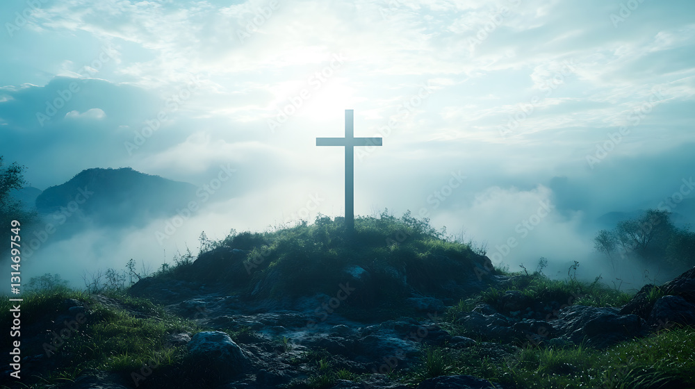 Naklejka premium Holy cross symbolizing the death and resurrection of Jesus Christ with the sky over Golgotha Hill is shrouded in light and clouds. Apocalypse concept