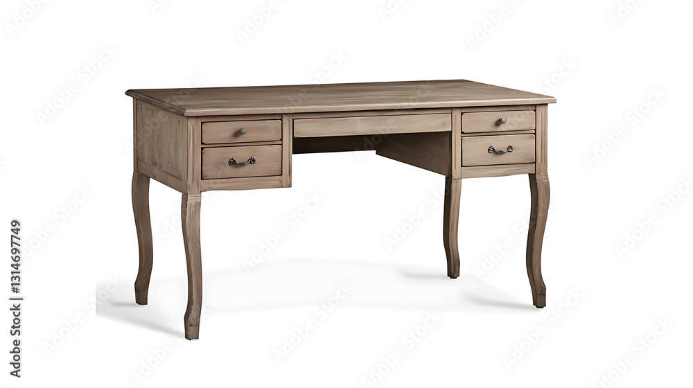 A wooden desk with four drawers and a black handle A wooden desk with four drawers and a black handle