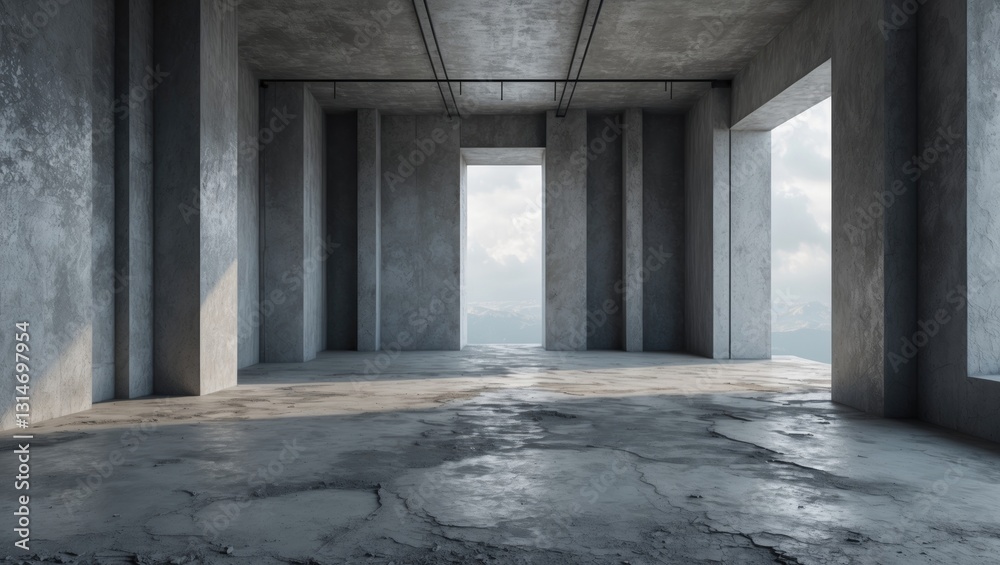 Abstract empty industrial interior backdrop template featuring a contemporary room with pillars, a rough floor, and an opening providing a view. Abstract empty industrial interior backdrop template featuring a contemporary room with pillars, a rough floor, and an opening providing a view.
