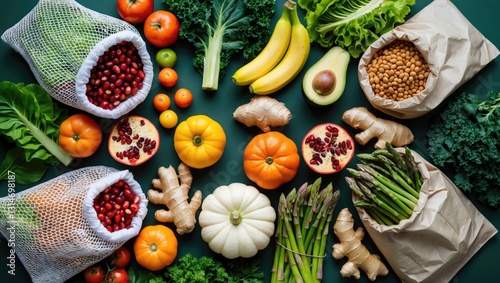 Freshly delivered locally sourced fruits and vegetables packaged in eco-friendly bags, zero waste vegetarian nutrition idea.
