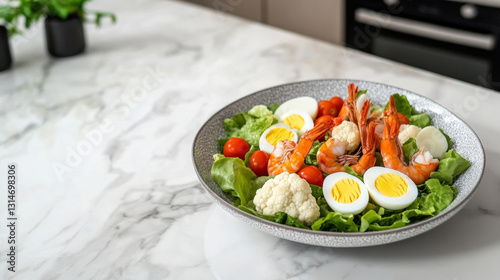 a salad with lettuce, cauliflower, shrimp, tomatoes and hard-boiled eggs presented on a pretty dish on a modern table