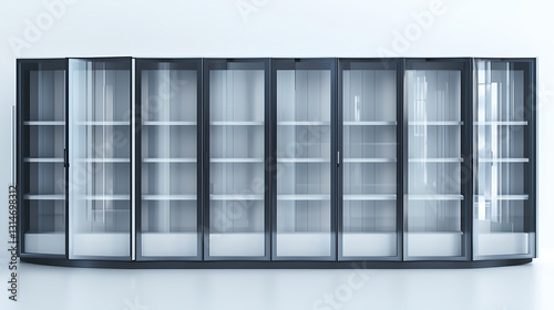 A row of refrigerators with clear glass doors