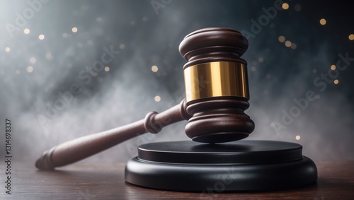 Law theme, judge's gavel on a wooden desk beside a statue. Gavel set against a dark foggy backdrop with light. Selective focus.