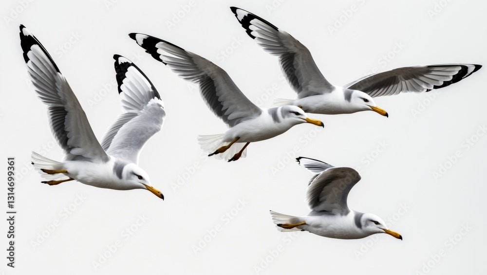 Obraz premium Flying seagulls against a white background.