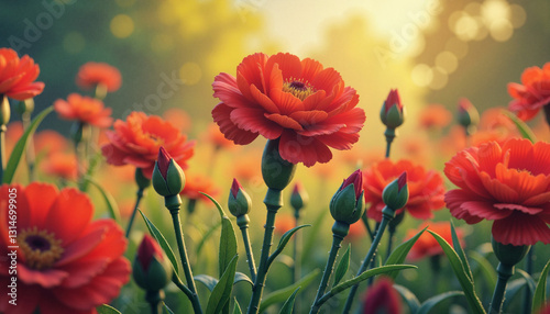 Vibrant red carnations blooming in serene garden, natural beauty