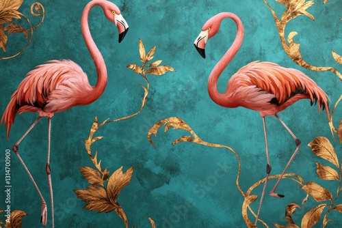 Elegant pink flamingos stand gracefully against vibrant teal bac