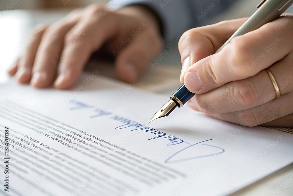 Close up of hands signing a legal document with a fountain pen. Close up of hands signing a legal document with a fountain pen.