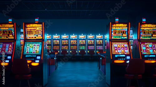 Empty Casino Interior With Rows Of Colorful Illuminated Slot Machines In A Dark Room With Modern Design And Neon Blue Lighting At Night
