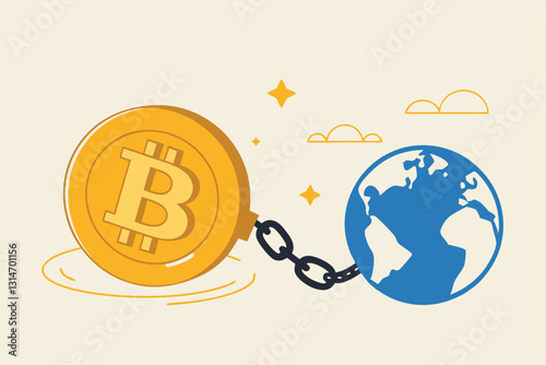 Cryptocurrency sustainability problem, bitcoin and crypto currency mining energy consumption not environment friendly concept, Big bitcoin with electric plug sucking energy from planet earth.