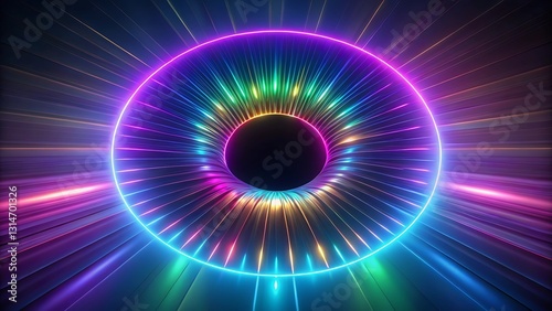 Neon circle light tunnel, vibrant colors, abstract background