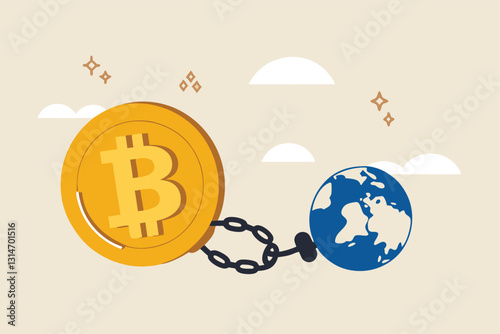 Cryptocurrency sustainability problem, bitcoin and crypto currency mining energy consumption not environment friendly concept, Big bitcoin with electric plug sucking energy from planet earth.