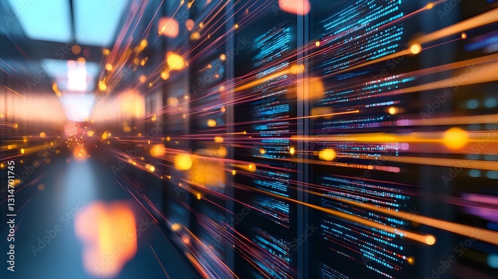 Dynamic programming code on digital screens with glowing orange light trails and motion blur effect creating futuristic technology atmosphere. Dynamic programming code on digital screens with glowing orange light trails and motion blur effect creating futuristic technology atmosphere.