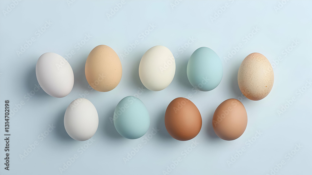Assortment Of Fresh Chicken Eggs In Various Pastel Colors On Light Blue Background Arranged In Two Neat Rows For Easter Celebration Assortment Of Fresh Chicken Eggs In Various Pastel Colors On Light Blue Background Arranged In Two Neat Rows For Easter Celebration