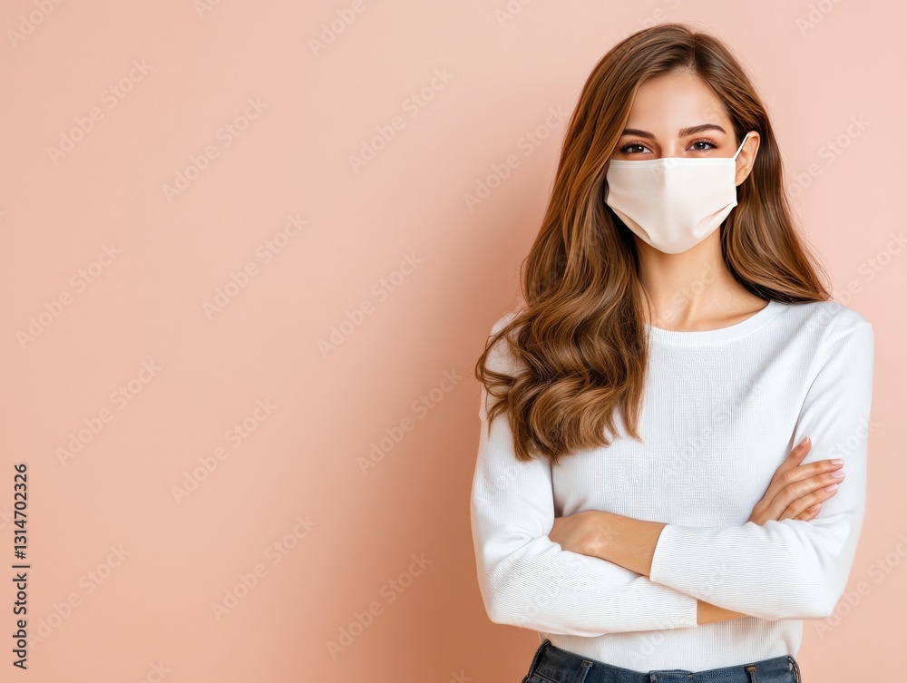 Confident young woman wearing a protective face mask against a soft pink background representing health awareness safety and modern lifestyle Confident young woman wearing a protective face mask against a soft pink background representing health awareness safety and modern lifestyle