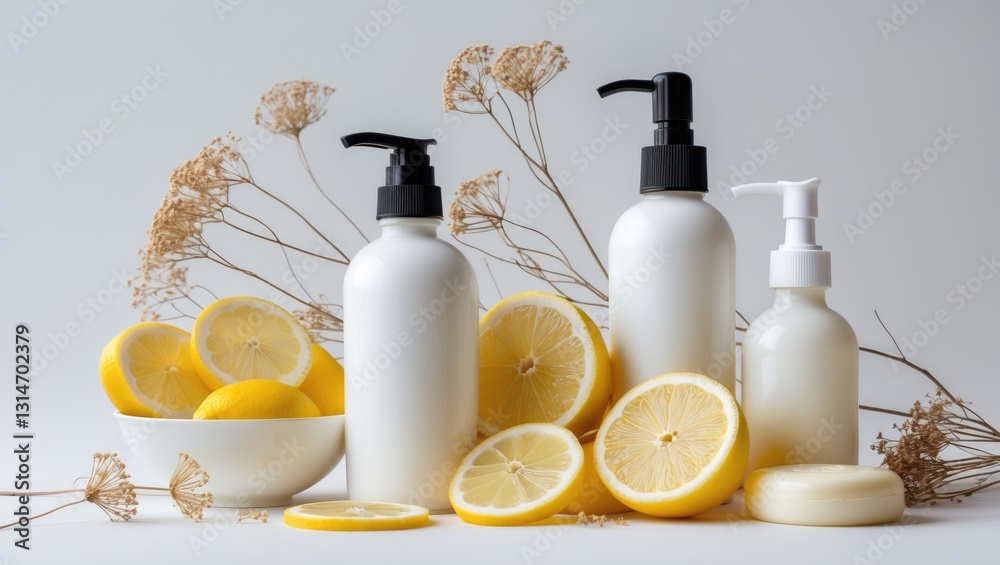 Lemon fruit extract combined with natural beauty soap for skincare and flora set against a white backdrop. Lemon fruit extract combined with natural beauty soap for skincare and flora set against a white backdrop.