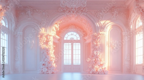 Pink Palace Interior: Sunlit Ballroom with Ornate Walls and Floral Decor
