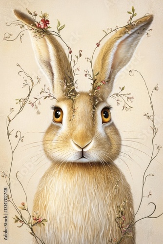 Rabbit adorned with delicate flowers and vines, showcasing whims