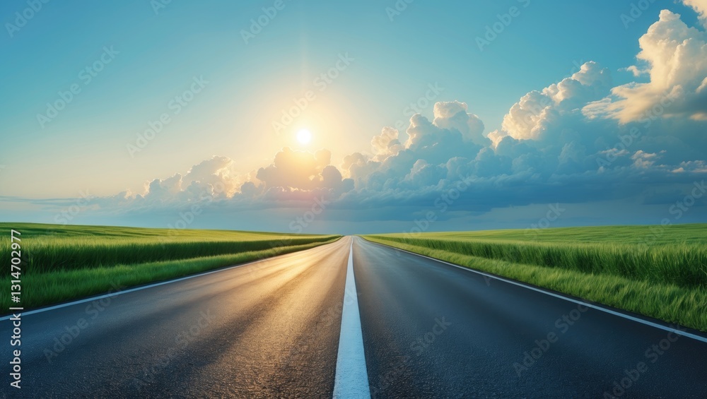 wide asphalt very smooth street, view from a slight incline and curved. clear perspective. No buildings, no obstacles, emptiness surrounding.
