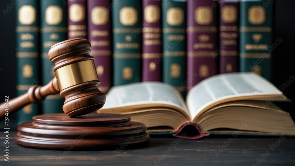Law and Justice, Legality theme, Judge gavel and legal book set against a dark wooden backdrop. Law and Justice, Legality theme, Judge gavel and legal book set against a dark wooden backdrop.
