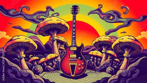 Psychedelic guitar, mushrooms, sunrise, fantasy background, graphic design