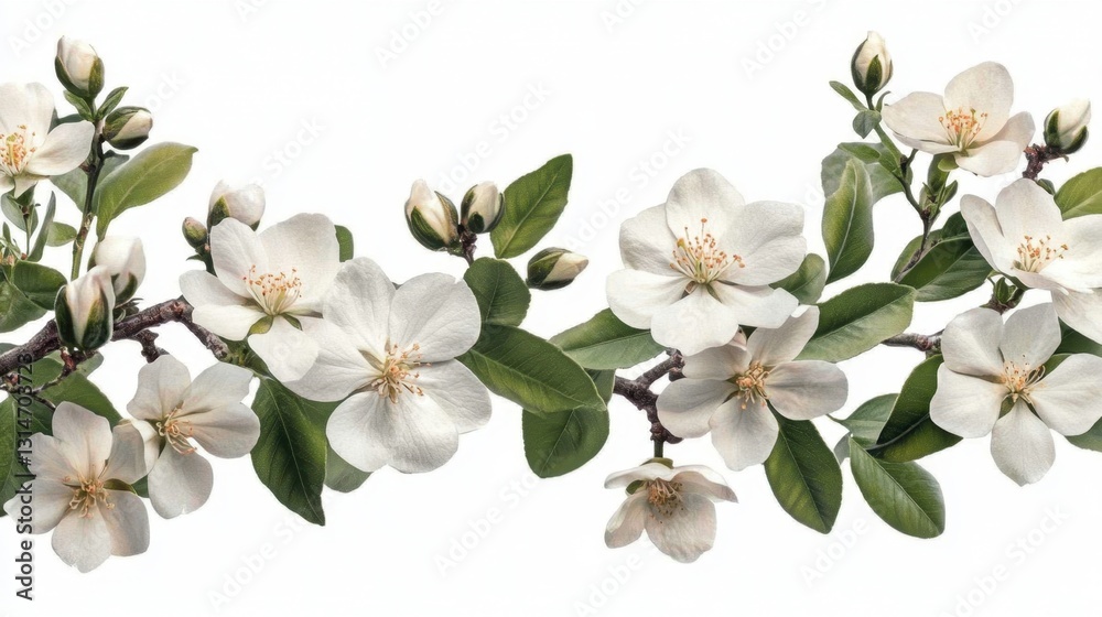 Fototapeta premium Delicate apple blossom branch with fresh green leaves against a clean white background showcasing spring bloom and floral elegance for stock photography