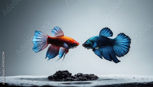 Isolated with a white backdrop, two betta fish are battling each other.