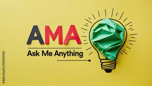 AMA ask me anything symbol. Concept words on a vibrant yellow background accompanied by a green light bulb icon. Business and concept. Space for text.