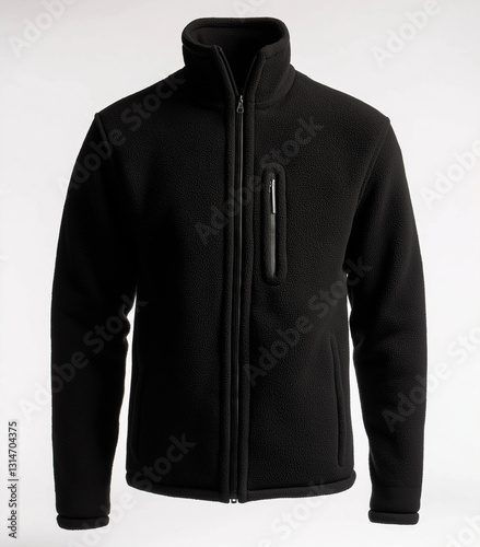 Product photography a black  polar fleece jacket with a full zip, photographed against a white background