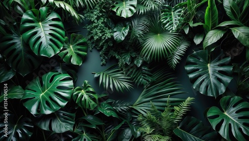 Group backdrop of deep green tropical leaves (monstera, palm, coconut leaf, fern, palm leaf, banana leaf) panoramic scene. concept of nature.