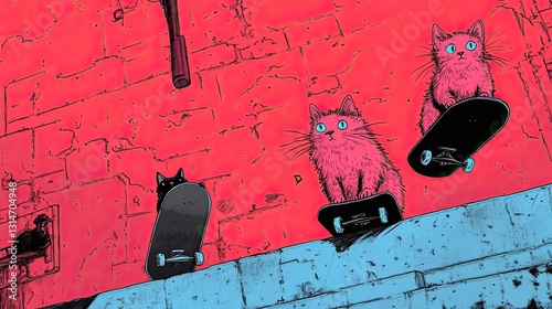 Brightly colored scene featuring playful cats on skateboards aga