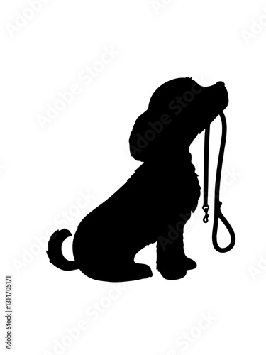 Silhouette of a puppy sitting with its head raised, holding a leash in its mouth, representing the concept of pet adoption, care for animals, and the importance of taking in rescued dogs.

