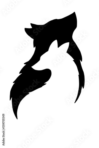 Black and white silhouette depicting two wolves, one looking up and the other looking down, their overlapping silhouettes creating a fascinating visual effect.

