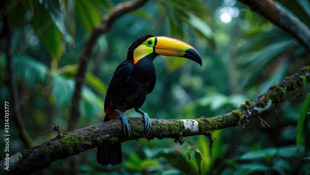 Obraz premium Keel-billed Toucan, a bird with a large bill, perched on a branch in the forest surrounded by green vegetation. Nature travel.
