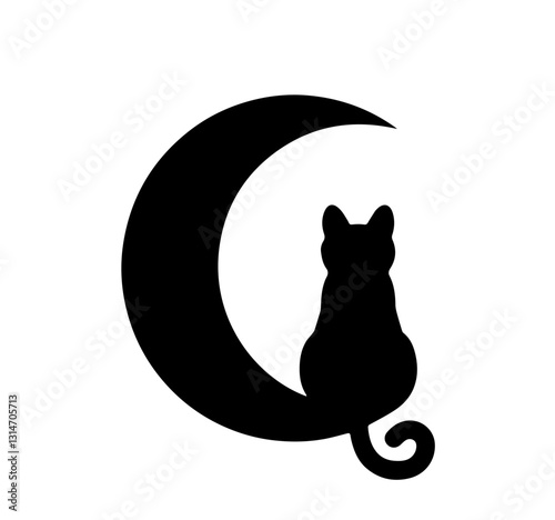 Black cat silhouette sitting on crescent moon, gazing left with a curled tail, evoking a mystical Halloween vibe and symbolizing mystery, magic, and nocturnal beauty.

