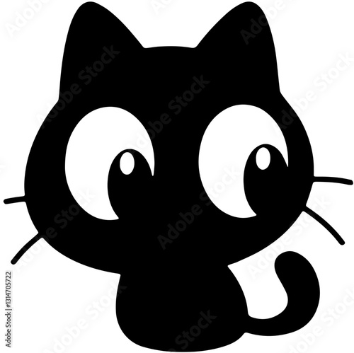 Cute black cat silhouette with round eyes, whiskers, and curled tail, symbolizing charm, playfulness, and mystery, perfect for pet lovers and Halloween-themed artwork.


