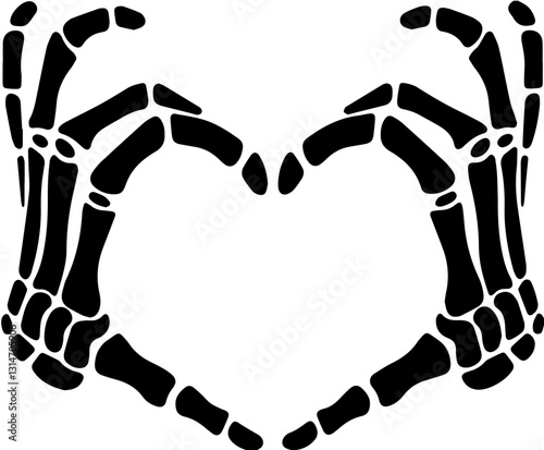 Two skeletal hands arranged to form a heart shape with their fingers, symbolizing love, mortality, and the eternal nature of connection beyond death.

