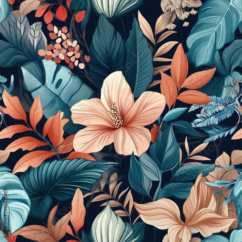 Vibrant tropical foliage intermingled with delicate flowers crea