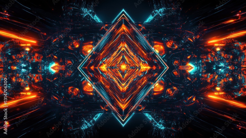 A vibrant, abstract digital artwork featuring glowing shapes and patterns in blue and orange hues. A vibrant, abstract digital artwork featuring glowing shapes and patterns in blue and orange hues.