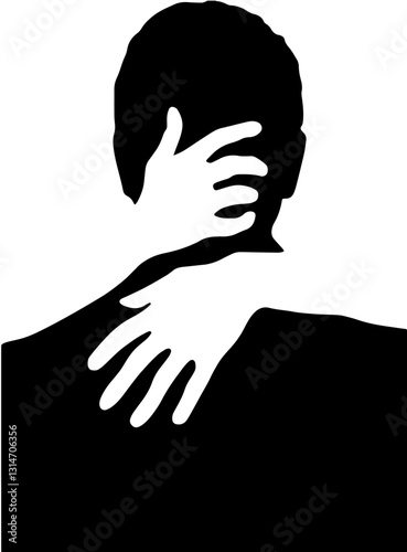 Black-and-white silhouette of a man and woman, with the woman’s hand over the man’s face and neck, symbolizing dominance, control, or emotional suppression in a complex relationship dynamic.

