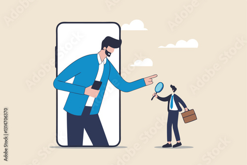 KYC, Know your customer process to identify user in online banking, cryptocurrency trading or cyber transaction concept, businessman using magnifying glass to analyze, identify user on smartphone app.