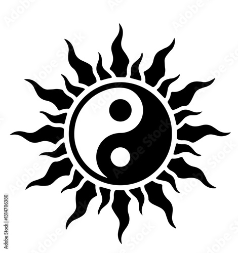 Black-and-white yin-yang symbol surrounded by stylized sun rays, combining balance and duality with the dynamic power of light and shadow, representing harmony in opposites.

