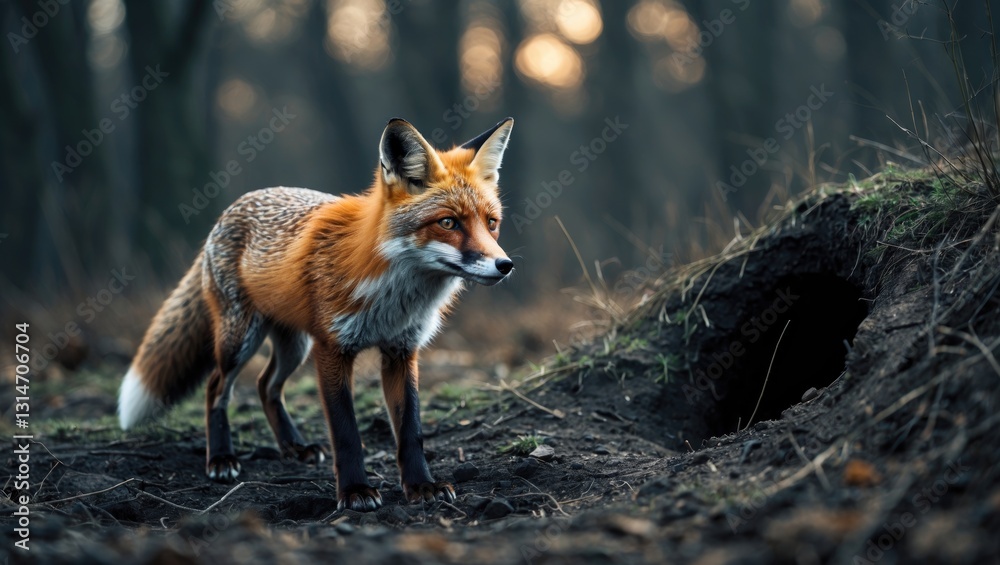 Fototapeta premium Young fox standing close to the hole.