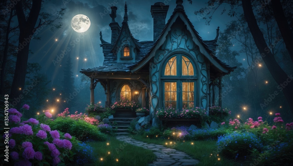 Fototapeta premium Magical fantasy house featuring a window in an enchanted forest, with a fabulous blooming flower garden and fireflies against a mysterious background, illuminated by moon rays at night.