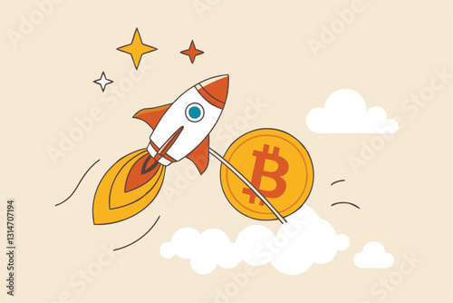 Bitcoin price skyrocket hit record high, cryptocurrency investor got rich with growth high value trading concept, speedy rocket ship holding bitcoin physical coin flying high through space cloud.